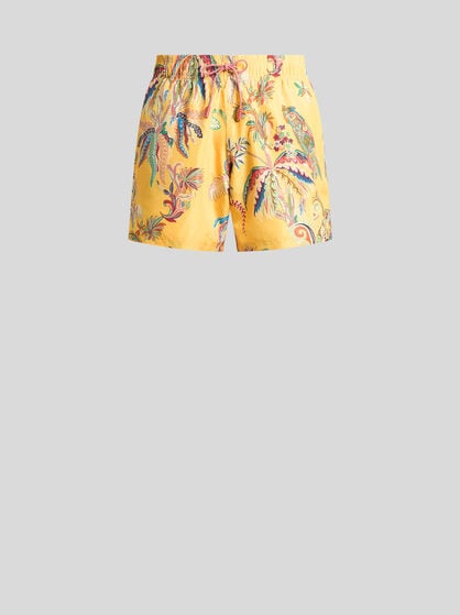 SWIM SHORTS WITH PLACED PARROT AND PALM TREE PRINT