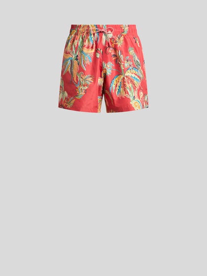 SWIM SHORTS WITH PLACED PARROT AND PALM TREE PRINT