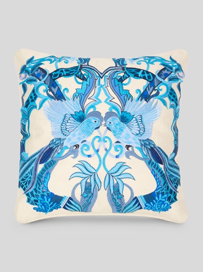 COTTON AND SILK CUSHION WITH EMBROIDERED BIRDS
