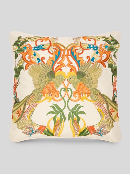 COTTON AND SILK CUSHION WITH EMBROIDERED BIRDS