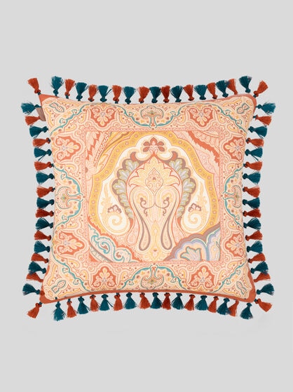 COTTON CUSHION WITH TASSELS AND PLACED PRINT