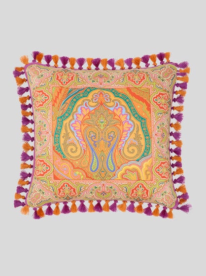 COTTON CUSHION WITH TASSELS AND PLACED PRINT