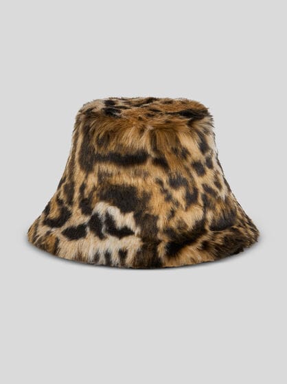 JACQUARD AND FAUX FUR BUCKET HAT WITH LEOPARD MOTIF