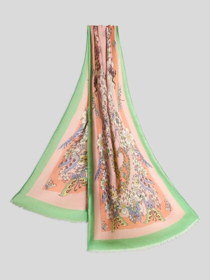 FRINGED SCARF WITH NATURE MOTIF