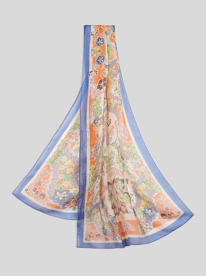 SILK SCARF WITH FLOWER AND BUTTERFLY MOTIF
