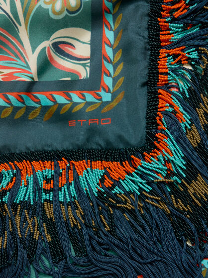 SILK SCARF WITH DAFFODIL MOTIF, FRINGING AND BEADS