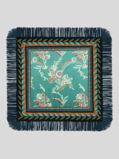 SILK SCARF WITH DAFFODIL MOTIF, FRINGING AND BEADS