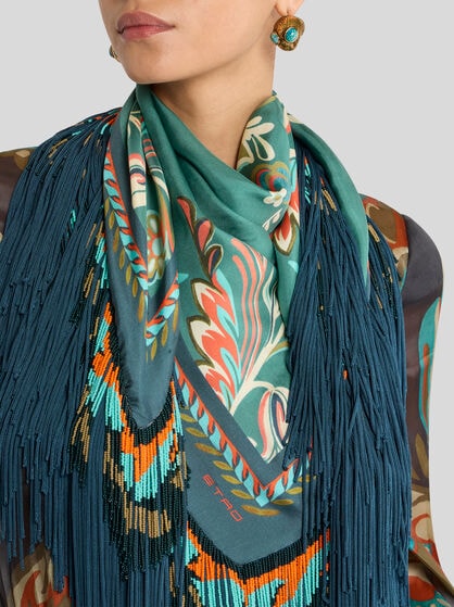 SILK SCARF WITH DAFFODIL MOTIF, FRINGING AND BEADS