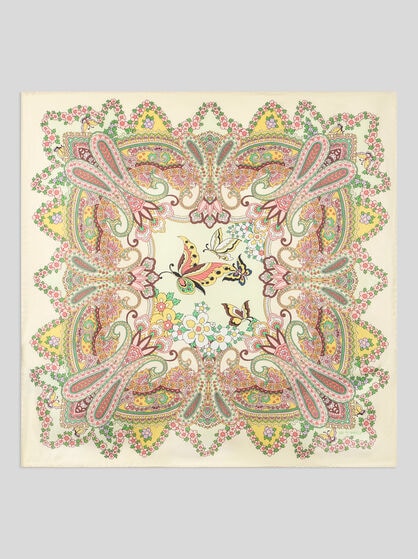 SILK SCARF WITH FLORAL, PAISLEY AND BUTTERFLY MOTIF