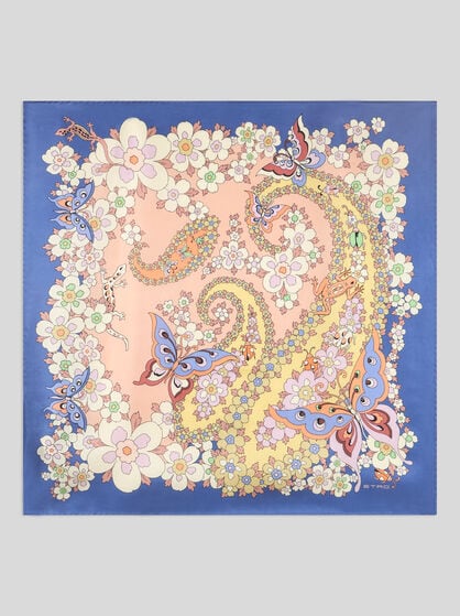 SILK SCARF WITH FLOWER, PAISLEY AND ANIMAL MOTIF