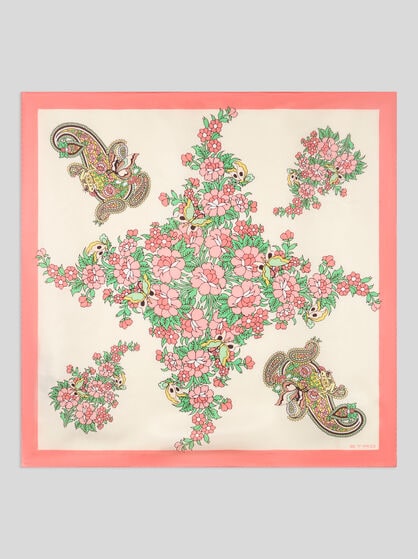 SILK SCARF WITH FLOWERS AND ANIMALS