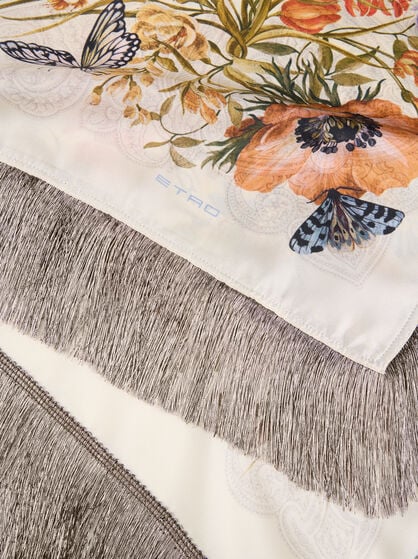 SILK SCARF WITH FRINGING AND FLORA AND FAUNA MOTIF