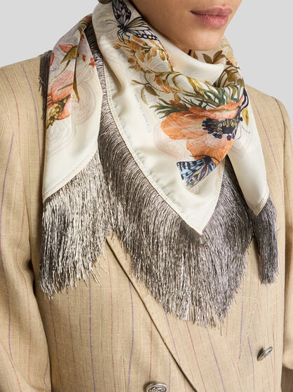 SILK SCARF WITH FRINGING AND FLORA AND FAUNA MOTIF
