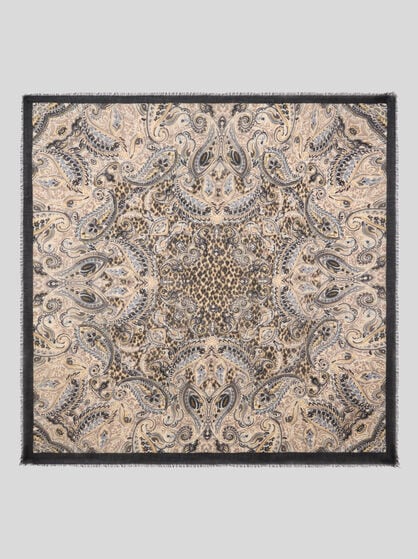 WOOL, CASHMERE AND SILK SHAWL WITH PAISLEY AND LEOPARD MOTIF
