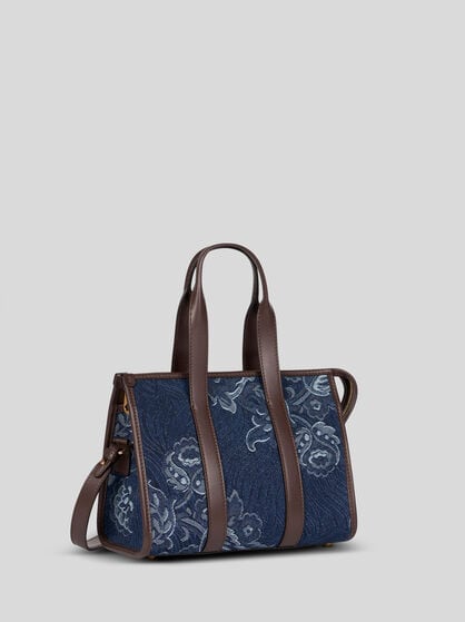 SMALL JACQUARD DENIM TOP-HANDLE BAG