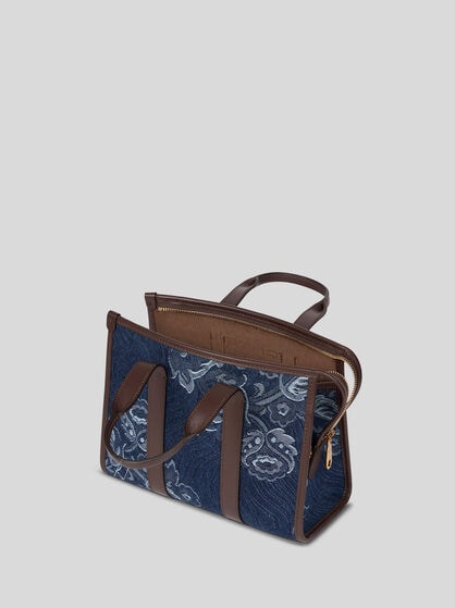 SMALL JACQUARD DENIM TOP-HANDLE BAG