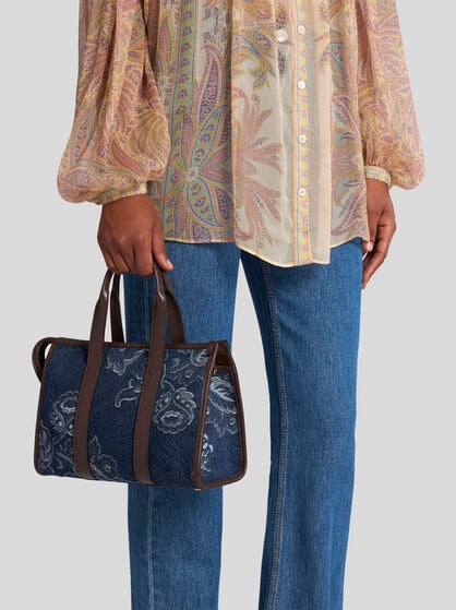 SMALL JACQUARD DENIM TOP-HANDLE BAG