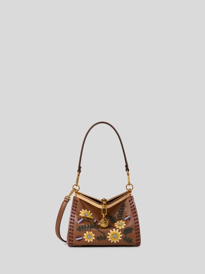 SMALL LEATHER VELA BAG WITH THREADING AND FLORAL MOTIF