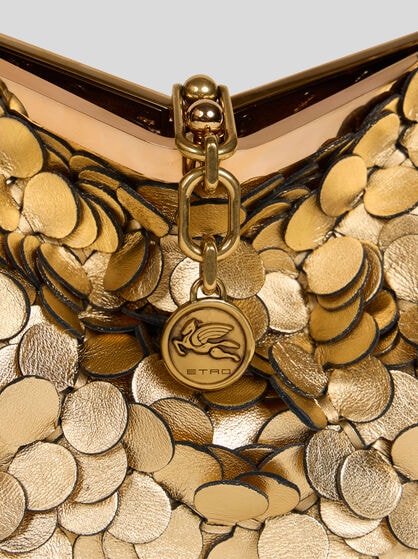 SMALL LEATHER VELA BAG WITH LAMINATED SEQUINS