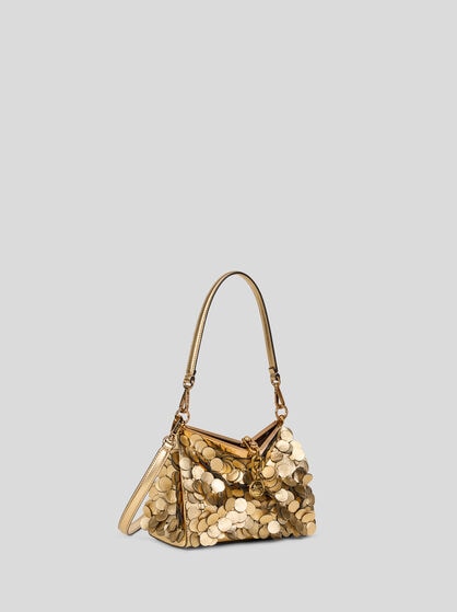 SMALL LEATHER VELA BAG WITH LAMINATED SEQUINS