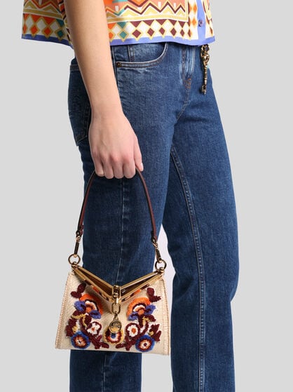 SMALL EMBROIDERED RAFFIA VELA BAG