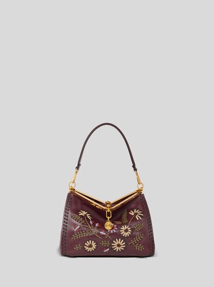 MEDIUM LEATHER VELA BAG WITH THREADING AND FLORAL MOTIF