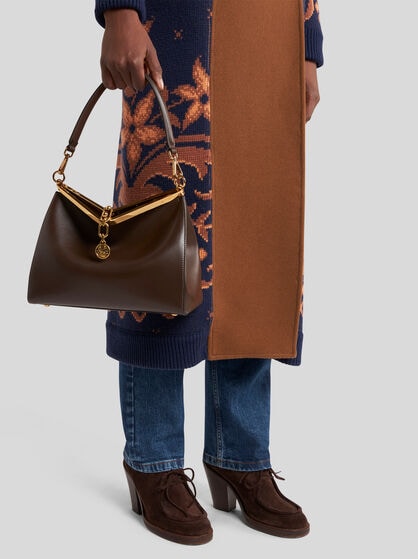 MEDIUM LEATHER VELA BAG WITH ELAPHE SNAKESKIN HANDLE