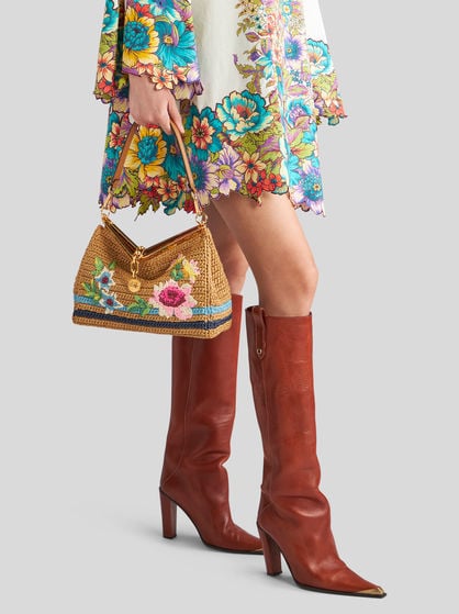 MEDIUM RAFFIA VELA BAG WITH EMBROIDERY