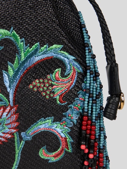 SMALL RAFFIA KALISPERA BAG WITH EMBROIDERY AND FRINGING