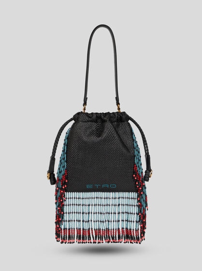 SMALL RAFFIA KALISPERA BAG WITH EMBROIDERY AND FRINGING
