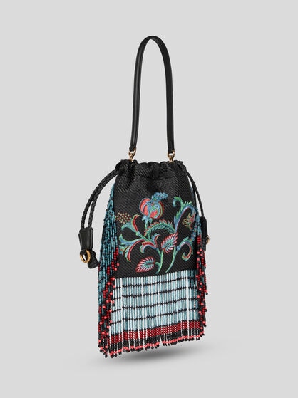 SMALL RAFFIA KALISPERA BAG WITH EMBROIDERY AND FRINGING