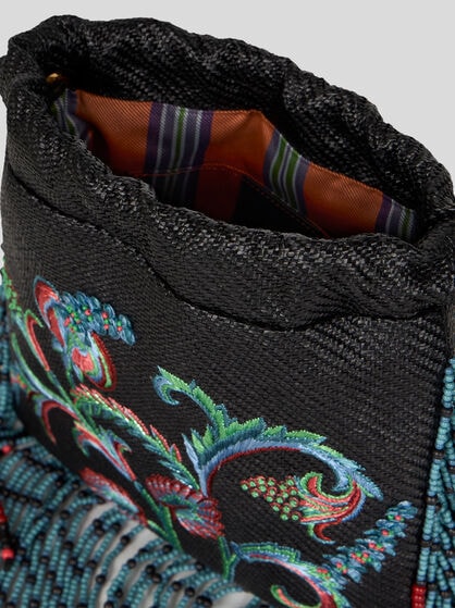 SMALL RAFFIA KALISPERA BAG WITH EMBROIDERY AND FRINGING