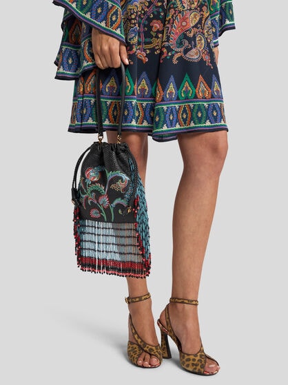SMALL RAFFIA KALISPERA BAG WITH EMBROIDERY AND FRINGING