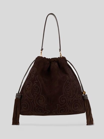 LARGE SUEDE KALISPERA BAG WITH PATCH AND TASSELS