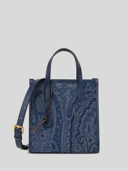 SMALL LOVE TROTTER BAG IN JACQUARD DENIM WITH PAISLEY MOTIF