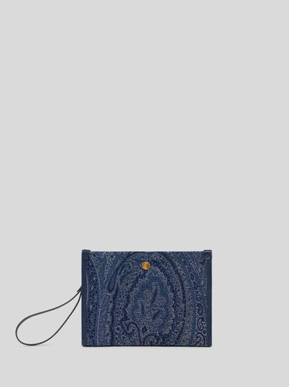 MEDIUM JACQUARD DENIM POUCH WITH PAISLEY MOTIF