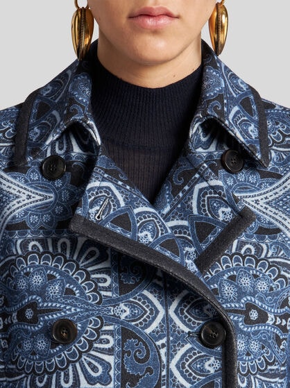 DOUBLE-BREASTED PEA COAT WITH SILK SCARF MOTIF