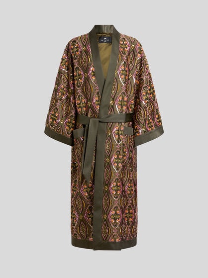 KIMONO COAT WITH BEADS AND FLORAL MEDALLION EMBROIDERY
