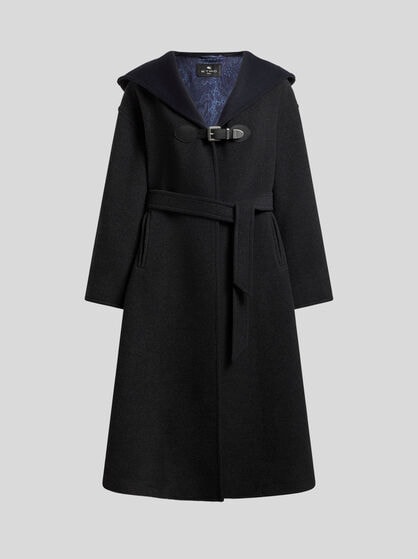 WOOL-BLEND COAT WITH HOOD AND BELT
