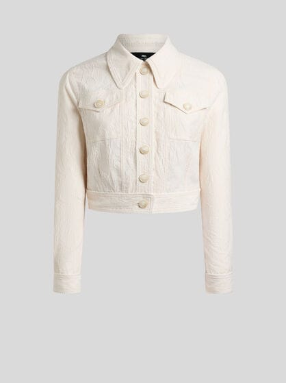 CROPPED JACKET IN STRETCH COTTON-BLEND JACQUARD WITH REBROD&Eacute; LACE