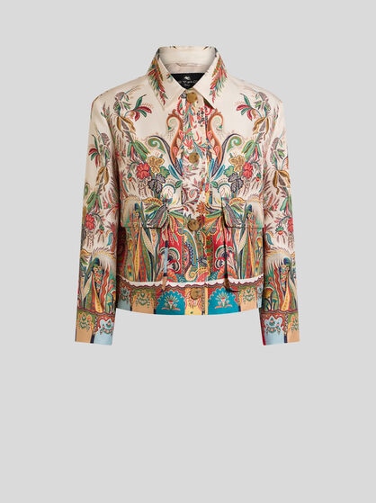 VESTE CROPPED EN SOIE &Agrave; IMPRIM&Eacute; PAISLEY FEUILLAGE PLAC&Eacute;