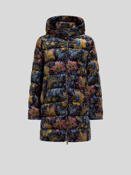 COTTON VELVET DOWN JACKET WITH HOOD AND FLORAL OVERPRINT