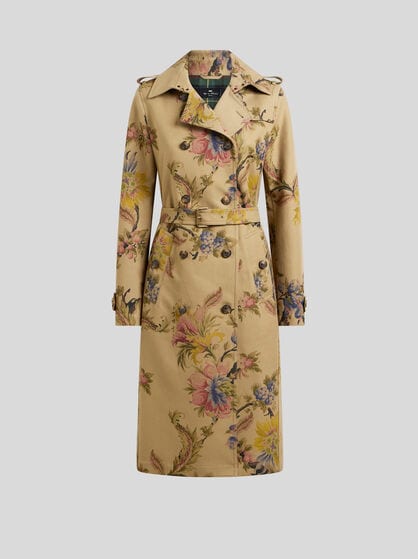 COTTON GABARDINE TRENCH COAT WITH FLORAL MOTIF