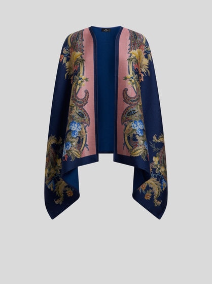 WOOL CAPE WITH PLACED FLORAL PAISLEY PRINT