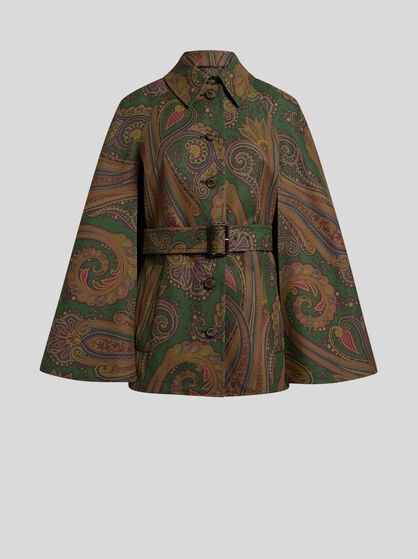 COTTON GABARDINE TRENCH COAT-STYLE CAPE WITH PAISLEY MOTIF