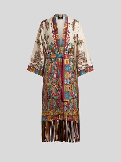 SILK DUSTER WITH FRINGING AND PLACED PAISLEY FOLIAGE PRINT