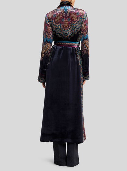 VELVET ROBE OVERCOAT WITH PLACED PRINT