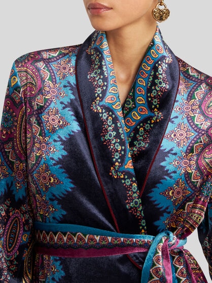 VELVET ROBE OVERCOAT WITH PLACED PRINT