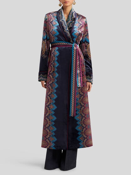 VELVET ROBE OVERCOAT WITH PLACED PRINT