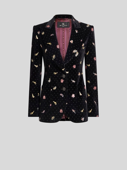 SINGLE-BREASTED COTTON VELVET JACKET WITH FLOWER AND ANIMAL MOTIF